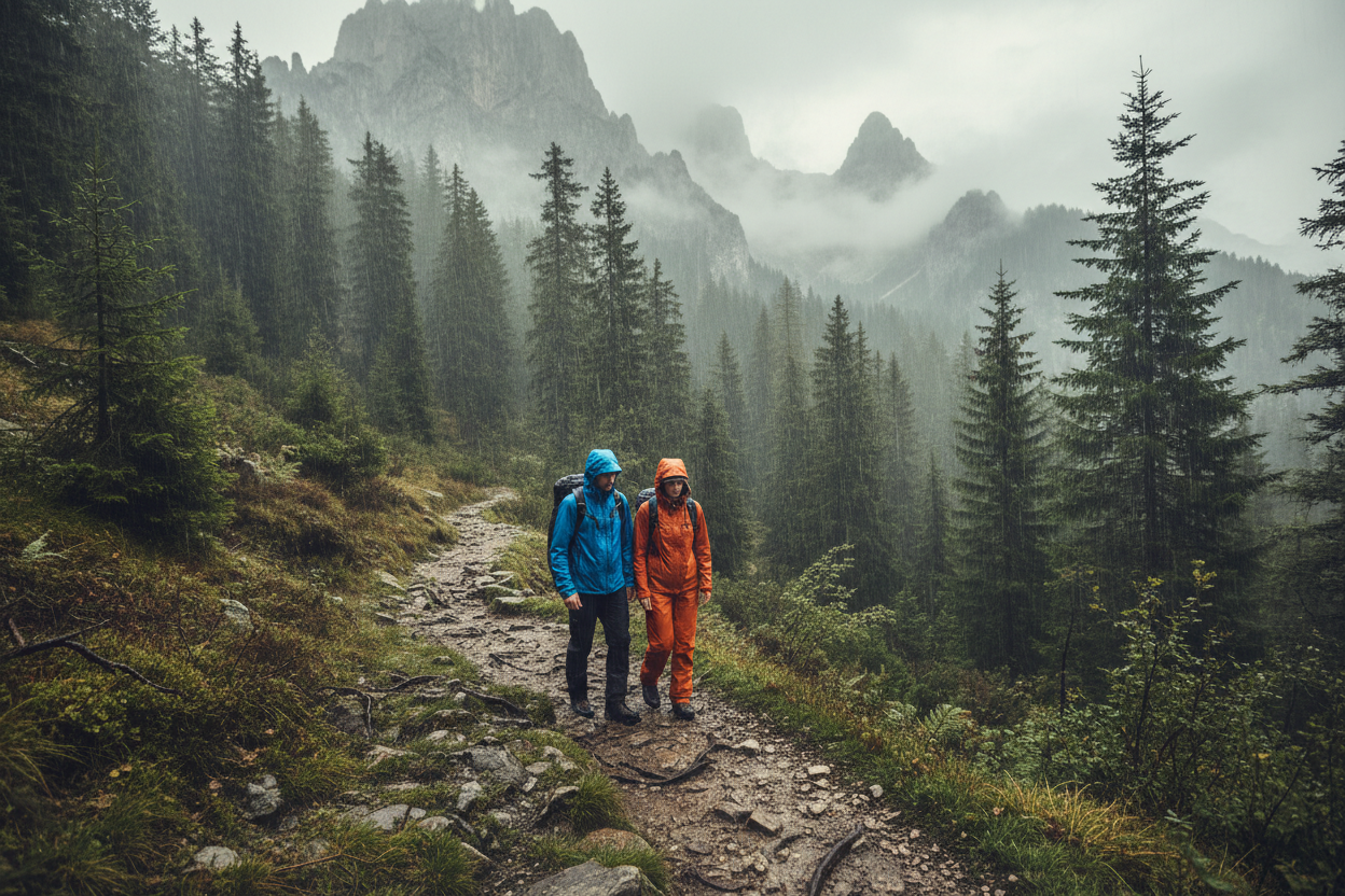 Couple of Young Adults Hiking in the Rain After Purchasing ScoutTech Rainwear | ScoutTech Outfitters