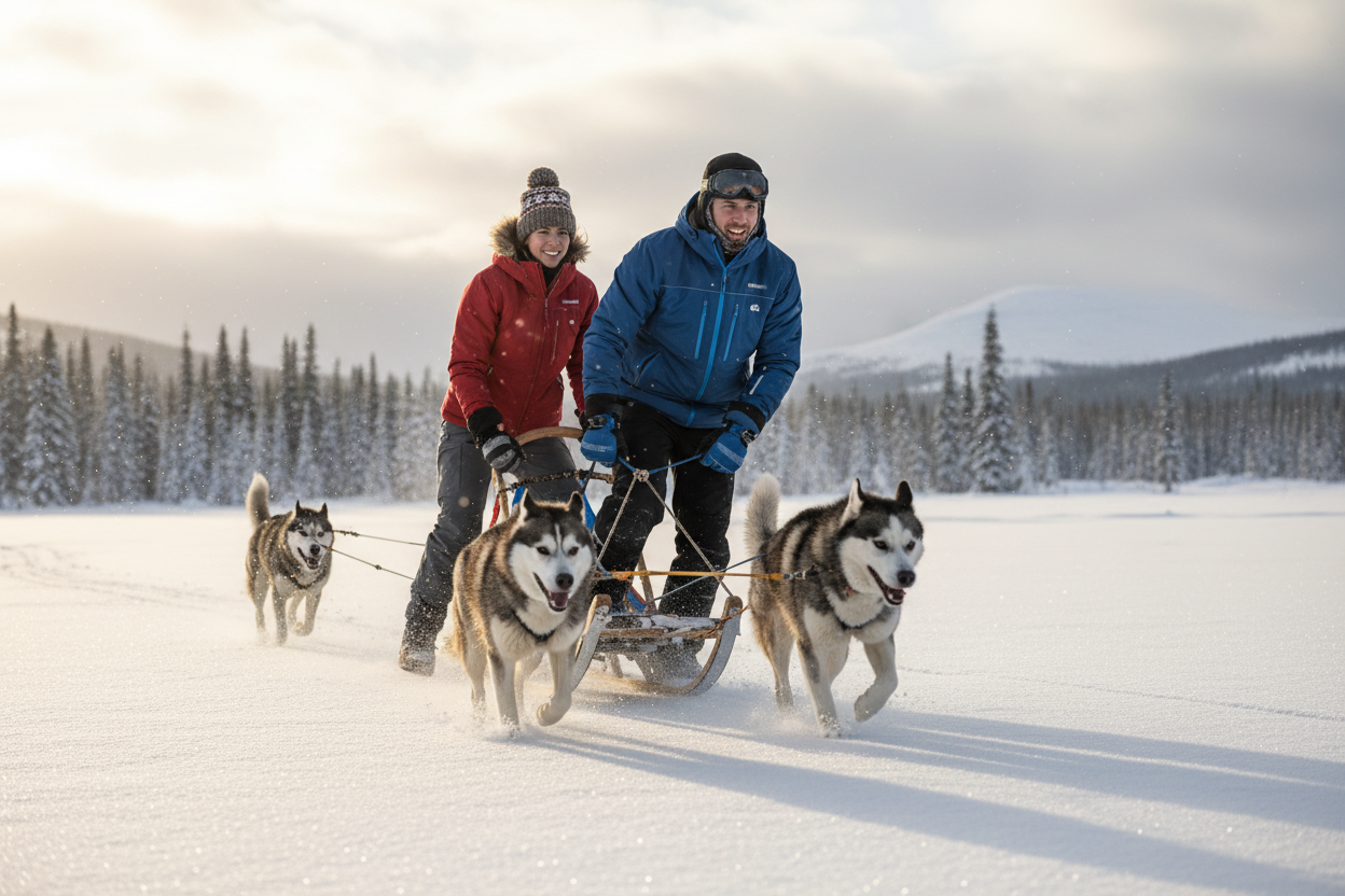 A man and woman wearing technical insulated winter clothing dogsledding | ScoutTech Outfitters