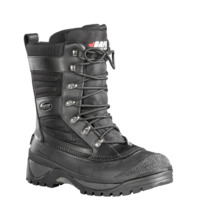 A black Baffin Crossfire winter boot with a lace-up front and a rubber shell boot with multiple buckles.