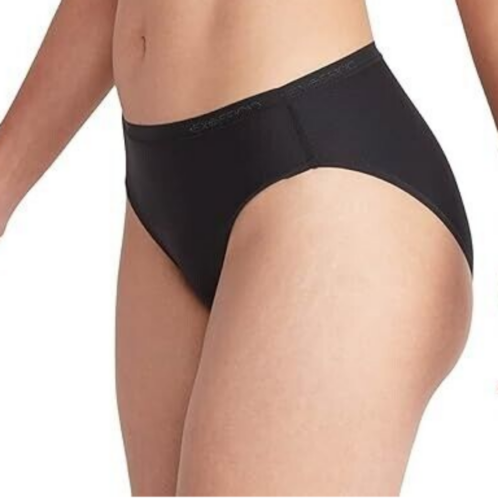Exofficio Give-N-Go Full Cut Briefs in Black on a Female Model Close-Up with Ex-Officio branding on elasticized waist band | ScoutTech Outfitters Mississauga Store