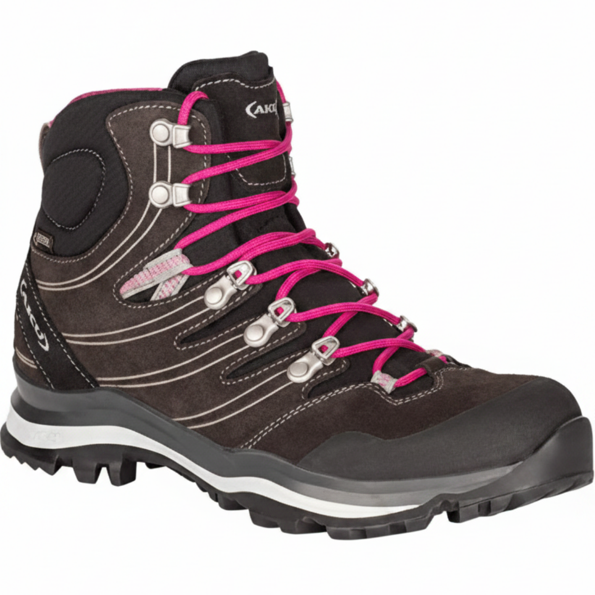 AKU Women's Alterra GTX Leather Waterproof Gore-Tex Hiking Boots in Dark Brown with Pink Laces View of Side with Logos | ScoutTech Outfitters