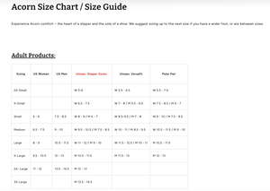 Acorn Slippers Size Chart for Men and Women | ScoutTech Outfitters