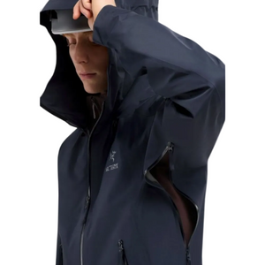 Arc'teryx Women's Beta LT Gore-Tex Pro Rain Jacket L Dark Blue Hood Over Helmet | ScoutTech Outfitters