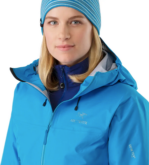 Arc'teryx Women's Beta LT Gore-Tex Pro Rain Jacket L Baja Blue Upper View on a Female Model  | ScoutTech Outfitters