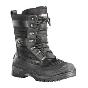 A black Baffin Crossfire winter boot with a lace-up front and a rubber shell boot with multiple buckles.