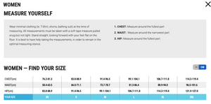 A size measurement chart for women's clothing, showing a text section with instructions on how to measure the chest, waist, and hip, followed by a size table with measurements in centimeters and inches for sizes S through XL.
