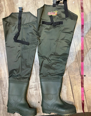 Bushline Outdoors PVC Hip Waders in Green Pair Spread out on Ground | ScoutTech Outfitters