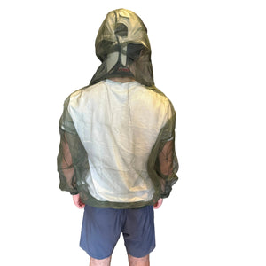 Bushline Outdoors Unisex Pullover Bug Jackets in Green with Hood and Chest Zippers on a model showing the back side | ScoutTech Outfitters