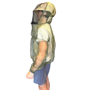 Bushline Outdoors Unisex Pullover Bug Jackets in Green with Hood and Chest Zippers Left Side View on a Model | ScoutTech Outfitters