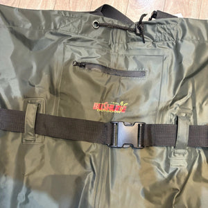Bushline Outdoors Unisex Waterproof PVC Chest Waders in Green Close Up of Adjustable Hip and Waist Closures and Zippered Pocket | ScoutTech Outfitters