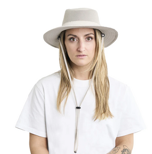 CTR Altitude Ventilator Large Brim Organic Cotton Sun Sombrero in Khaki worn by a Female Model | ScoutTech Outfitters Mississauga Store