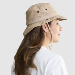 CTR Unisex Altitude Woodland Boonie Organic Cotton Canvas Sun Hat with Hide-Away Insect Mask in Khaki on a Female Model with Long Hair | ScoutTech Outfitters Mississauga Store