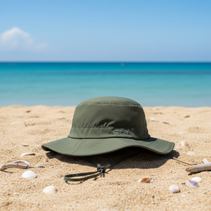 CTR Unisex Summit Pack-It Boonie Sun Hats with Floating Brim in Olive Green Laying on a Beach | ScoutTech Outfitters