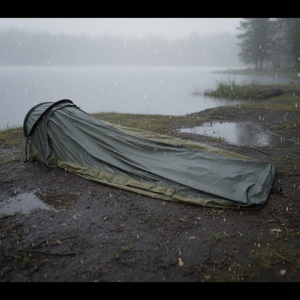 Chinook Summit Waterproof Breathable Bivy Bags in Olive Green Deployed at a Soggy Lakeside Campsite on a Rainy Day | ScoutTech Outfitters Mississauga