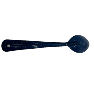 Cinsa Blue Speckled Enamelware cooking or serving spoon rounded side on a white background