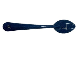 Cinsa Blue Speckled Enamelware cooking or serving spoon on a white background