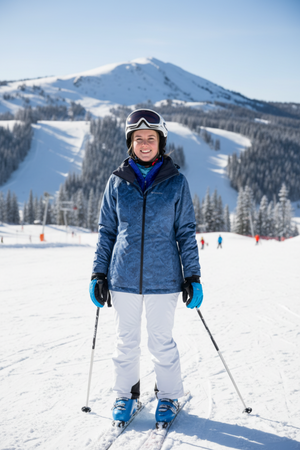 A smiling woman stands on a snowy mountain slope wearing a blue Columbia Whirlibird 3 Interchange 3-in-1 Insulated ski jacket, white ski pants, blue gloves, and ski boots, with ski poles in hand and a snowy mountain landscape in the background.