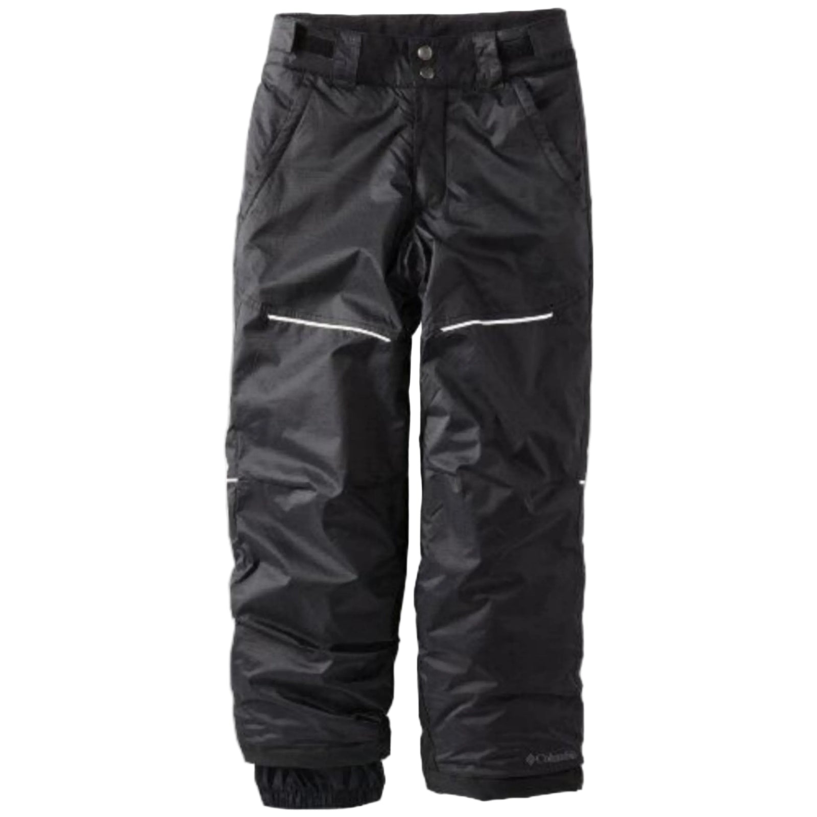 Columbia Big Girls Crushed Out II Waterproof Insulated Snow Pants in Black Youth Front Showing Reflective Stripes | ScoutTech Outfitters Mississauga Store