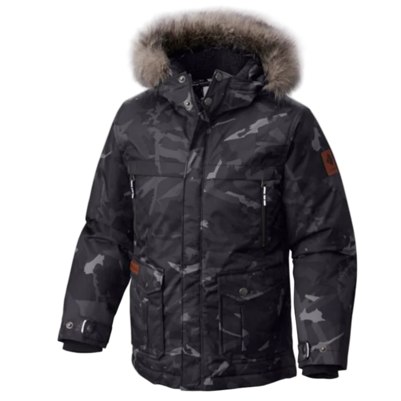 Columbia Boy's Barlow Pass 600 TurboDown Waterproof Insulated Winter Jacket in Black and Grey Print Small | ScoutTech Outfitters Mississauga Store