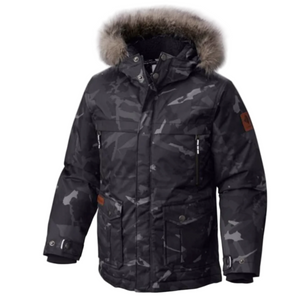 Columbia Boy's Barlow Pass 600 TurboDown Waterproof Insulated Winter Jacket in Black and Grey Print Small | ScoutTech Outfitters Mississauga Store