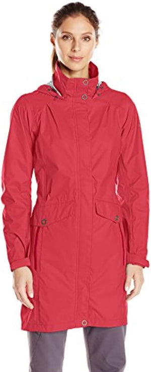 Columbia Women's EvaPOURation Waterproof Breathable Trench Coats in Coral Red on Model | ScoutTech Outfitters Mississauga Store