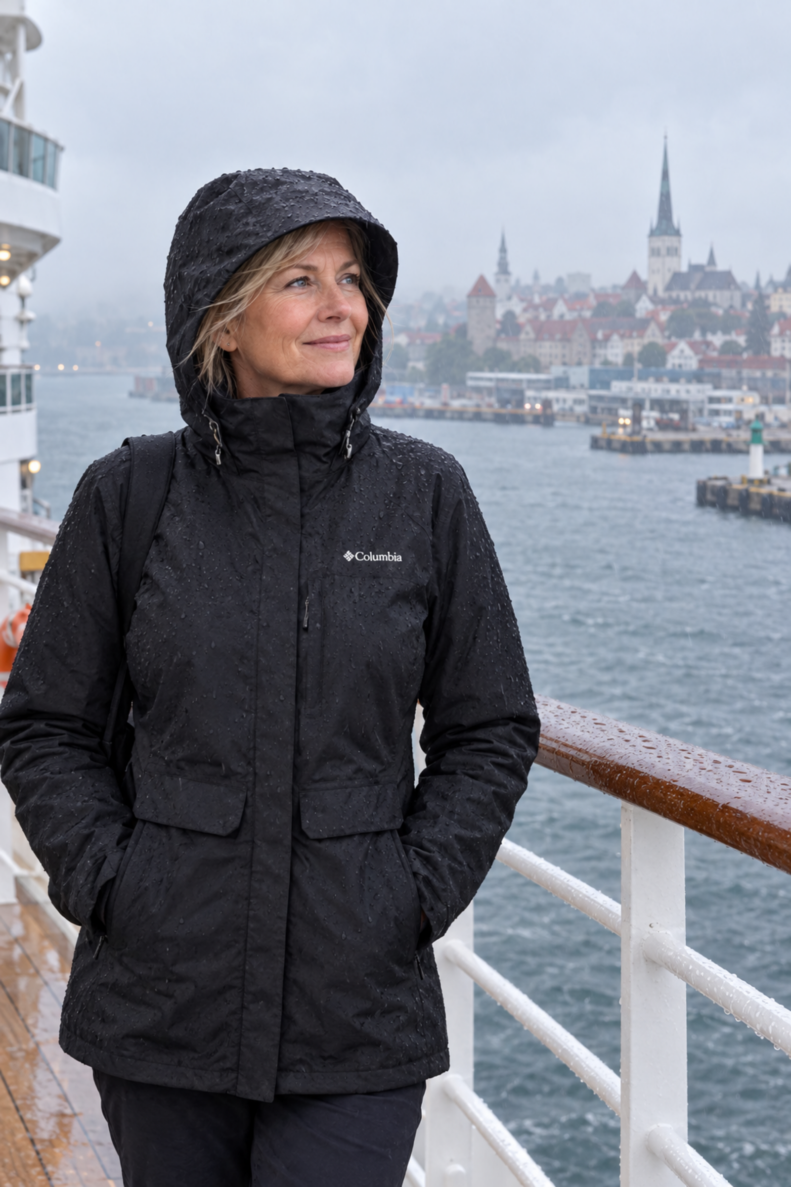 A Woman wearing a Columbia Women's Longer Miles Waterproof Breathable Long Rain Jacket enjoys the views of a baltic coastline as her cruise ship approaches its destination.  | ScoutTech Outfitters