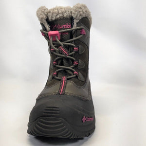 Columbia Youth Omni-Heat BugaBoots in Brown and Pink Front View Showing Pink Columbia Logo | ScoutTech Outfitters