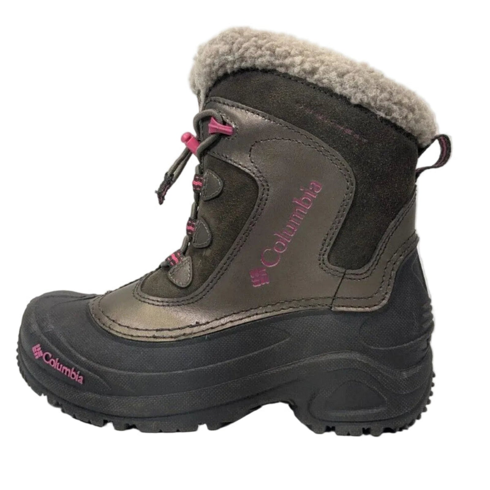 Columbia Youth Omni-Heat BugaBoots in Brown and Pink Left Boot View | ScoutTech Outfitters Mississauga Store