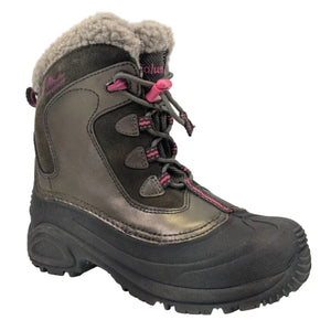 Columbia Youth Omni-Heat BugaBoots in Brown and Pink Outside View Showing Speed Lace System with Pink Toggle | ScoutTech Outfitters