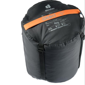 Deuter Orbit -5C Synthetic Fibre Sleeping Bag in Black Stuff Sack Close Up with Item Details Showing | ScoutTech Outfitters Mississauga Store
