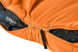 Deuter Orbit -5C Synthetic Fibre Sleeping Bag in Orange Zip Close Up with Item Details Showing | ScoutTech Outfitters Mississauga Store