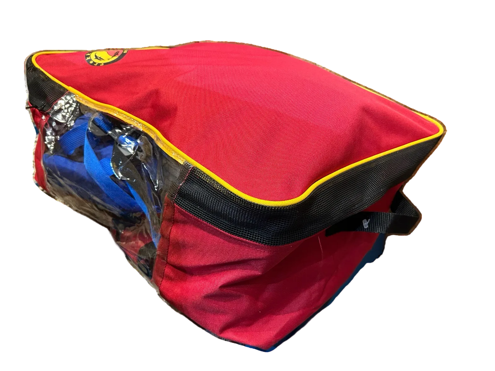 Red Europe Bound Storage Cube with clear window and black zipper on a white background