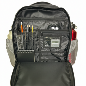 Europe Bound Book Bag 27L Capacity in Black and Silver Zippered Stash Pocket Inside View with 1 centred mesh divider pouch | ScoutTech Outfitters Mississauga Store