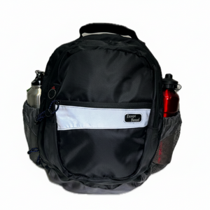 Europe Bound Book Bag 27L Capacity School and Commuter Backpack Front View Utilizing Dual Mesh Side Bottle Pouches and display the large cross body reflective strip and heavy duty carry handle | ScoutTech Outfitters