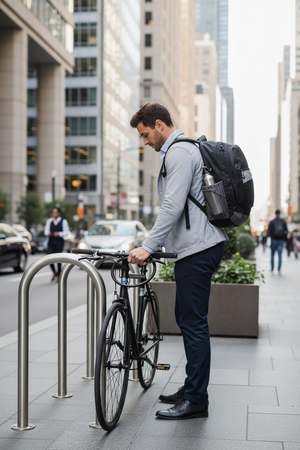 A man in a gray shirt and dark pants stands on a city sidewalk next to a black bicycle, wearing a black Europe Bound 27L Padded Laptop backpack. Metal bike racks are visible in the foreground, with tall urban buildings and blurred pedestrians in the background.