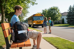 A young man sits on a wooden bench at a school bus stop wearing a light blue t-shirt and khaki shorts, with a black and gray Europe Bound School backpack with padded laptop sleeve resting on the bench. A yellow school bus with 'SCHOOL' on the front is driving down the street, and two children with backpacks are standing on the sidewalk nearby.