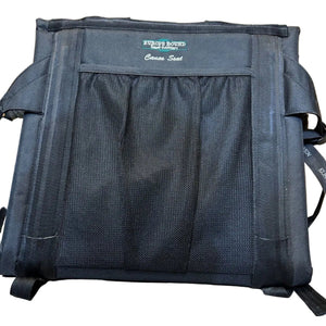 Europe Bound Canoe Seat and Stadium Cushion in Black Showing Mesh Back Pouch and Embroidered Logo | ScoutTech Outfitters