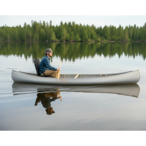 Europe Bound Canoe Seat and Stadium Cushion in Black mounted on an Aluminum Canoe Seat | ScoutTech Outfitters Mississauga
