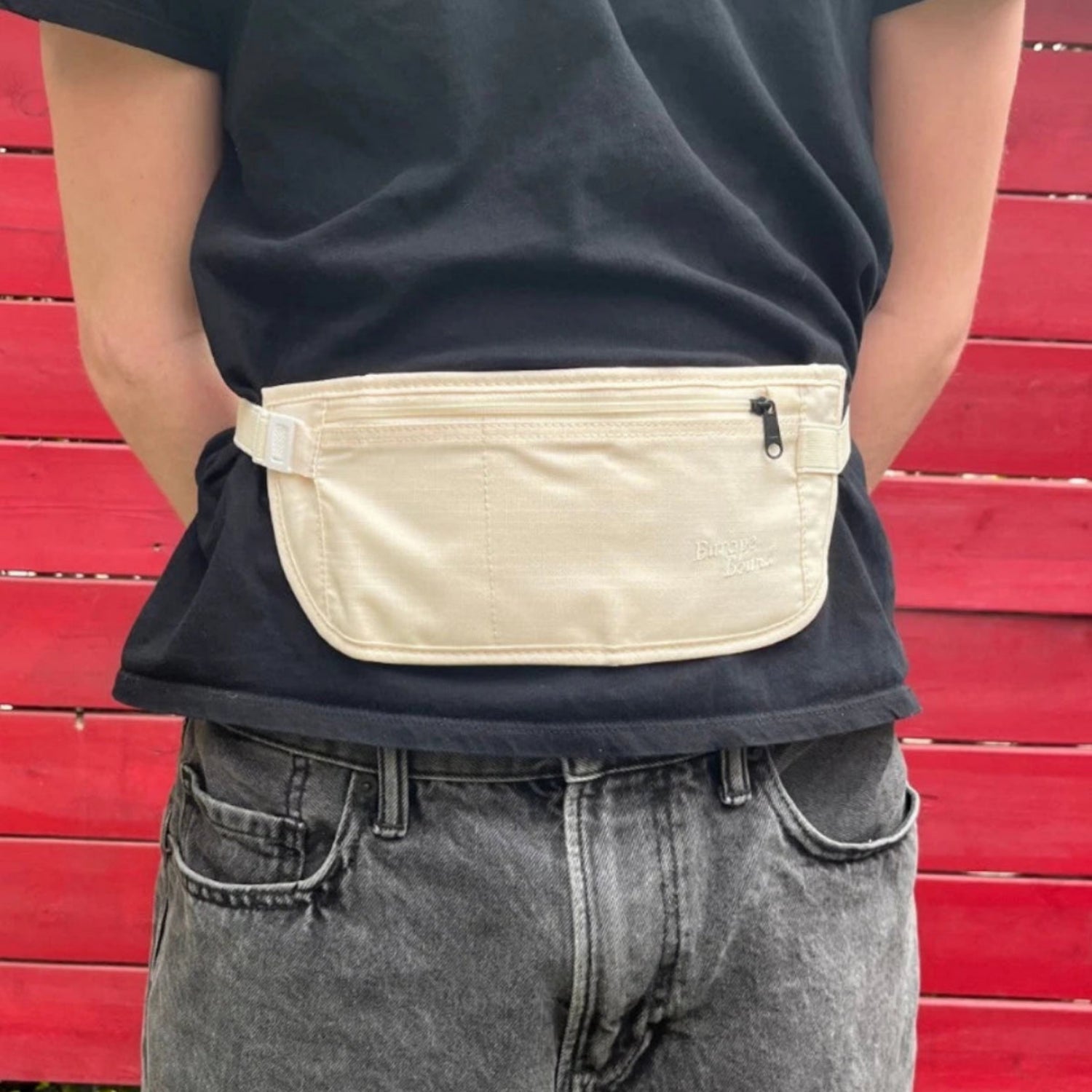 Europe Bound Comfort Travel Money Belts with Stretch Fit and Coolmax Fabric in Beige Front View on Model | ScoutTech Outfitters