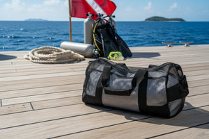 Europe Bound Heavy Duty Mesh Duffle Bags 28-34 Inch for Wet Gear Transport  On a wooden dock - ScoutTech