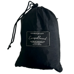 A black drawstring storage bag with a white rectangular label reading Superior Quality Europe Bound ORIGINAL Since 1985 Designed in Canada | ScoutTech Outfitters