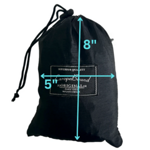 Dimensions in Inches of A black drawstring storage bag with a white rectangular label reading 'Superior Quality Europe Bound ORIGINAL Since 1985 Designed in Canada | ScoutTech Outfitters