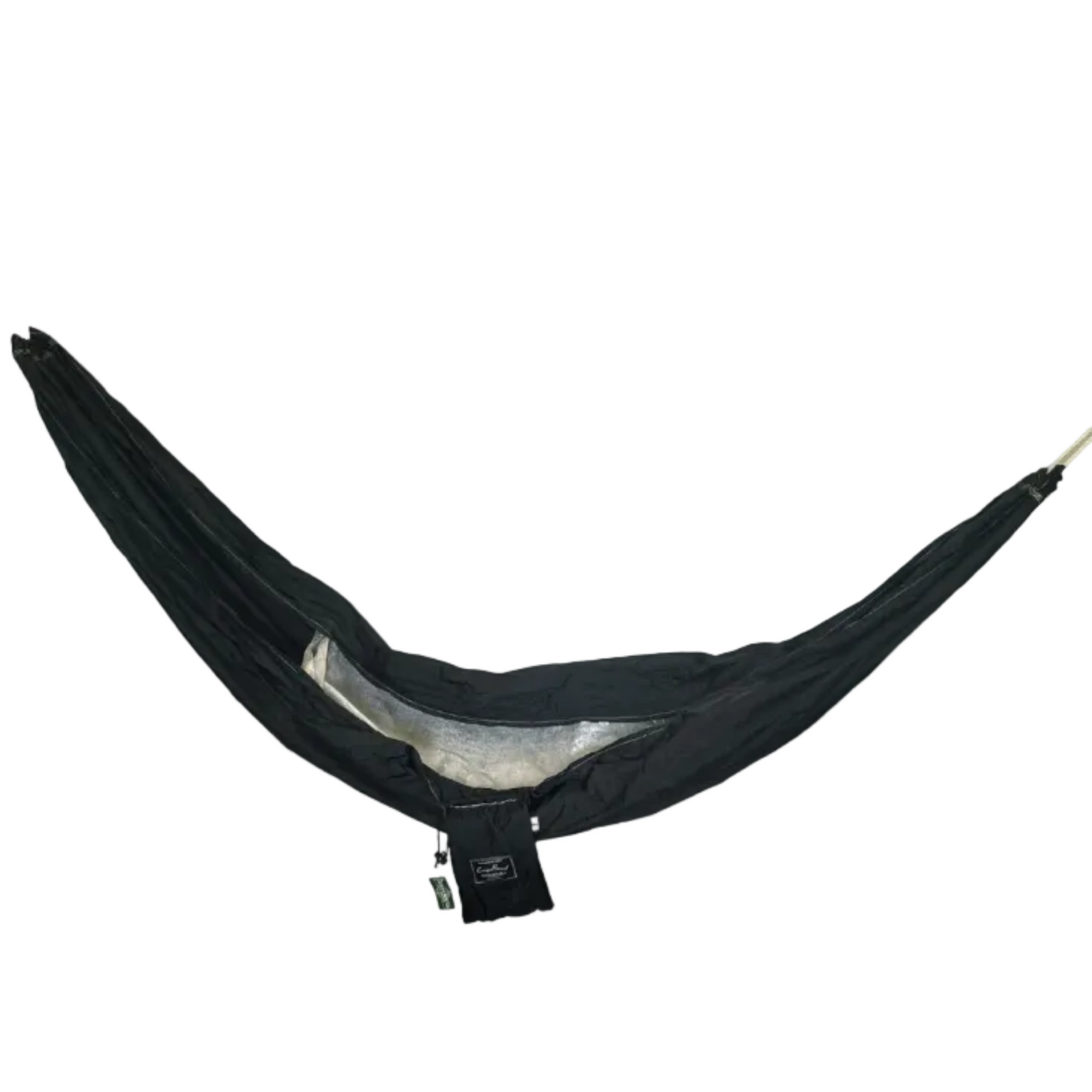 A black Europe Bound Parachute Hammock Single Adult Size camping hammock suspended horizontally, showing its interior lining and a small black hanging pouch with a visible logo, isolated on a white background. | ScoutTech Outfitters Mississauga Store