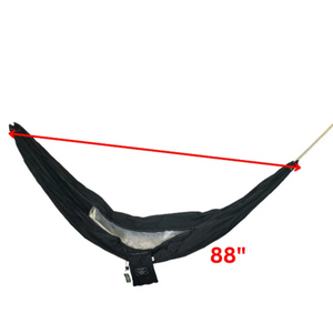 A black Europe Bound Parachute Hammock Single Adult Size camping hammock suspended horizontally, showing its interior lining and a small black hanging pouch with a visible logo, isolated on a white background. Size chart showing set-up dimensions in inches | ScoutTech Outfitters Mississauga Store