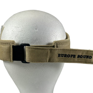 Europe Bound Unisex Explorer Cotton Sun Visors One-Size in Khaki On a Foam Head Showing the Embroidered Logo on an Adjustable Hook and Loop Closure and Elasticized Material | ScoutTech Outfitters Mississauga Store