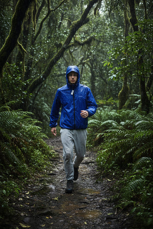 Europe Bound Unisex Waterproof Breathable Raincoats in Blue Displayed on Model Front View | ScoutTech Mississauga