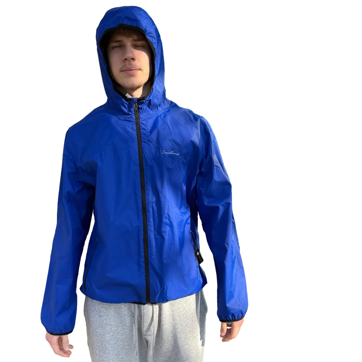 Europe Bound Unisex Waterproof Breathable Raincoats with Stash Pocket in Blue Displayed on Model with Hood Up | ScoutTech Outfitters Mississauga Store