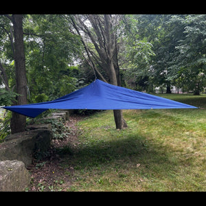Europe Bound Universal Rain Tarp Dark Blue Side View Outdoors Set-up  | ScoutTech Outfitters