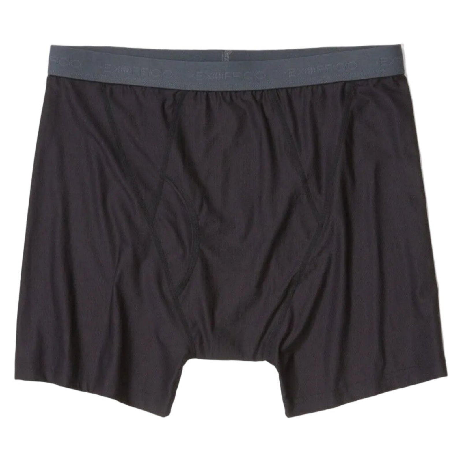 Exofficio Boxer Briefs with Fly in Black Front View showing logo on waist band | ScoutTech Outfitters Mississauga Store