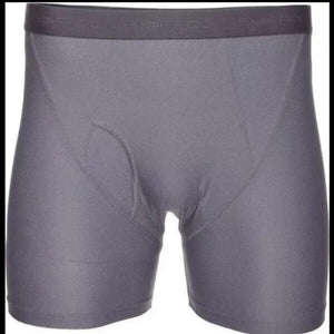 Exofficio Boxer Briefs with Fly in Charcoal Grey showing logo on elasticized waist band | ScoutTech Outfitters Mississauga Store